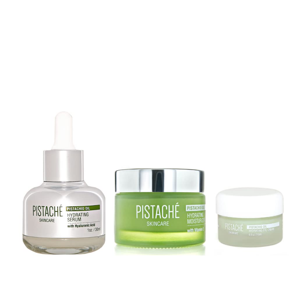 Pistaché Skincare Pistachio Oil Ultimate Face Trio Set + Eye Cream, Hyaluronic Acid Face Serum & Face Moisturizer + Hydrates and Nourishes + Vitamin E + Antioxidant Protection