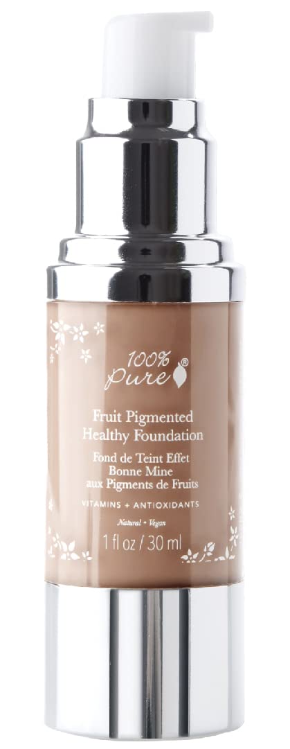 100% PURE Healthy Foundation Full Face Coverage Makeup, Liquid Matte Finish with Anti-Aging Benefits - Vegan Gorgeous Fruit Pigmented Toffee Color (Tan with Neutral Undertone) - 1 Fl Oz | alldaygood beauty