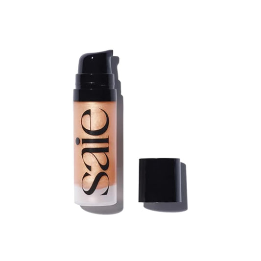 Saie Mini Glowy Super Gel - Hydrating Makeup Primer and Illuminating Glow Serum Enriched with Vitamin C and Squalane Oil - All-Over Liquid Highlighter Makeup for Instant Glass Skin - Sunglow (0.5 oz) | alldaygood beauty
