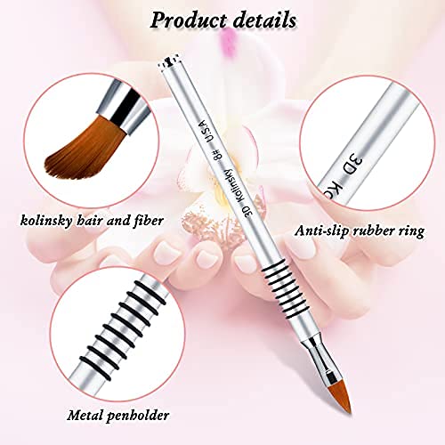 Patelai 3 Pcs Kolinsky 3D Nail Art Brush Set for Acrylic Powder Sculpture Nail Art Brush Size 6/8/10 with silver Metal Nonslip Grip Handle for Acrylic Powder Application