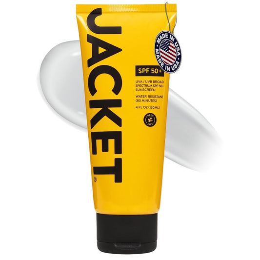 JACKET Sunscreen SPF 50+ | Mineral Sunscreen with Vitamin C | Water Resistant 80 Min, Natural, Reef Safe | UVA/UVB Broad Spectrum Protection for Face & Body, 4 FL Oz | alldaygood beauty