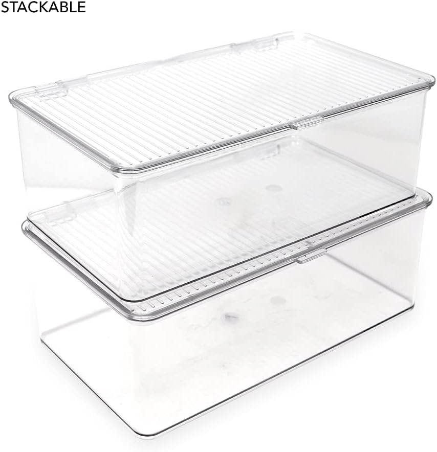 Isaac Jacobs Medium Stackable Organizer Bin (10.75”x6.5”x3.7”) w/ Hinged Lid, Clear Storage Box, Home, Office, School, Fridge, Bathroom, Kitchen, Pantry Container, BPA-Free, Food Safe (Medium, Clear)
