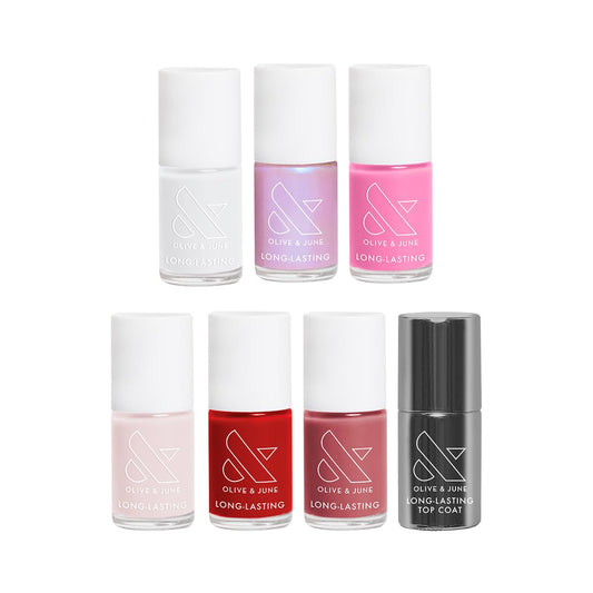 Olive & June Long Lasting Nail Polish Set | Includes 6 Chip-Resistant Shades (Pink Goldfish, HD, Grateful & Kind, CCT, LD, CV) + Top Coat | Vegan, Cruelty-Free | Salon-Quality at Home | alldaygood beauty