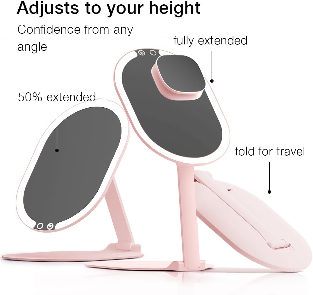 Fancii LED Rechargeable Portable Makeup Mirror with 3 Color Light Settings & 10x Magnetic Magnifying Mirror – Ultra Slim, Foldable Travel Vanity Mirror, 1500 mAh Battery, Height (Pink)