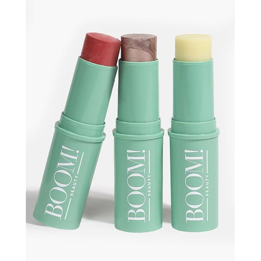 Boomstick Trio ® Rose Nude 3 Pack Cream Blush Makeup - Rose Nude Blush Stick, Highlighter Stick & Moisturizer for Cheeks, Eyes & Lips - Boom Sticks by Cindy Joseph for Older Women | alldaygood beauty