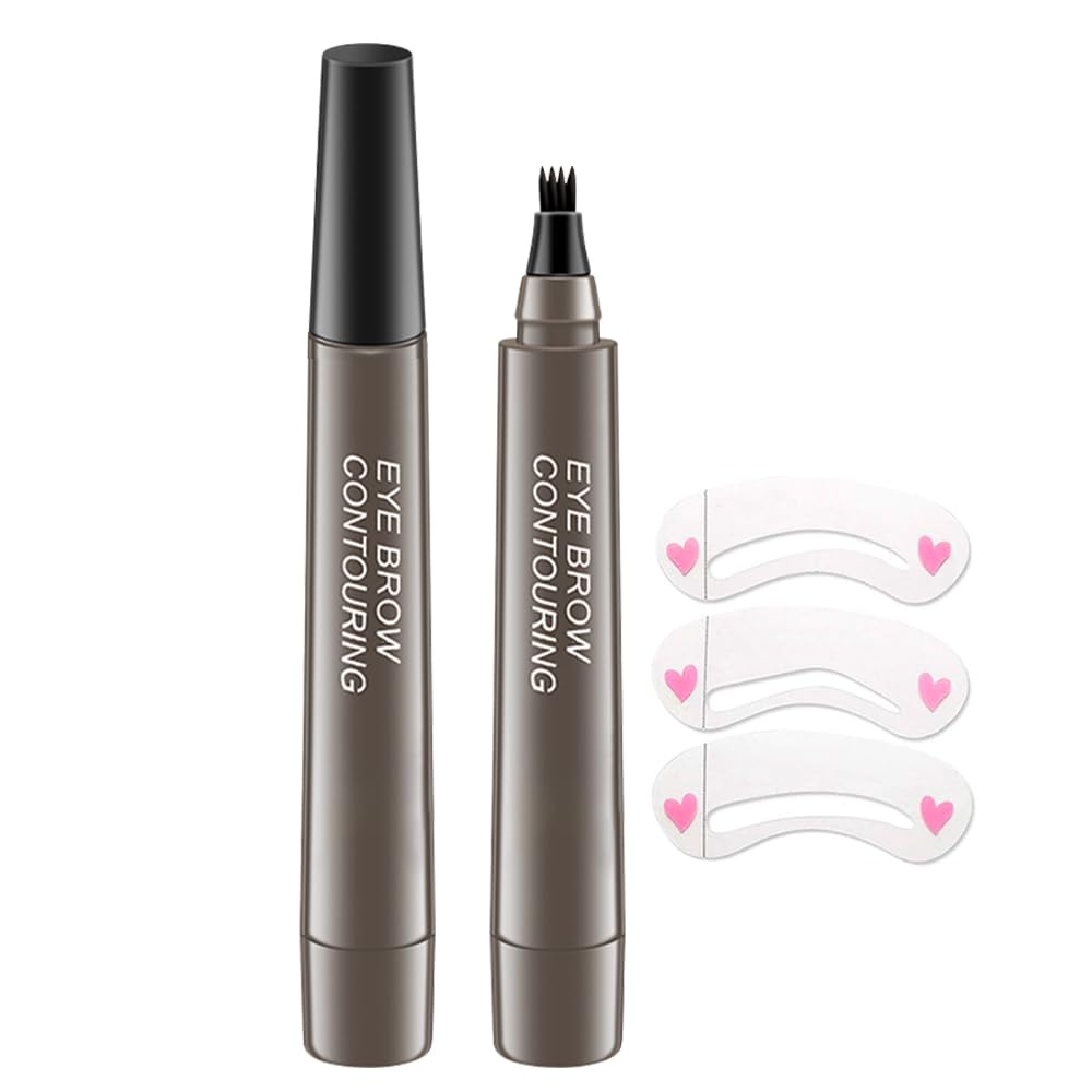 Eyebrow Ink Pencil by Brow Stylist -Micro 4 Point Brow Pen Lift & Snatch Eyebrow Pen Kits with 3 Eyebrow Stencil Long-Lasting Waterproof Natural Eyebrow Hair (B-2Pc 04# Gray)