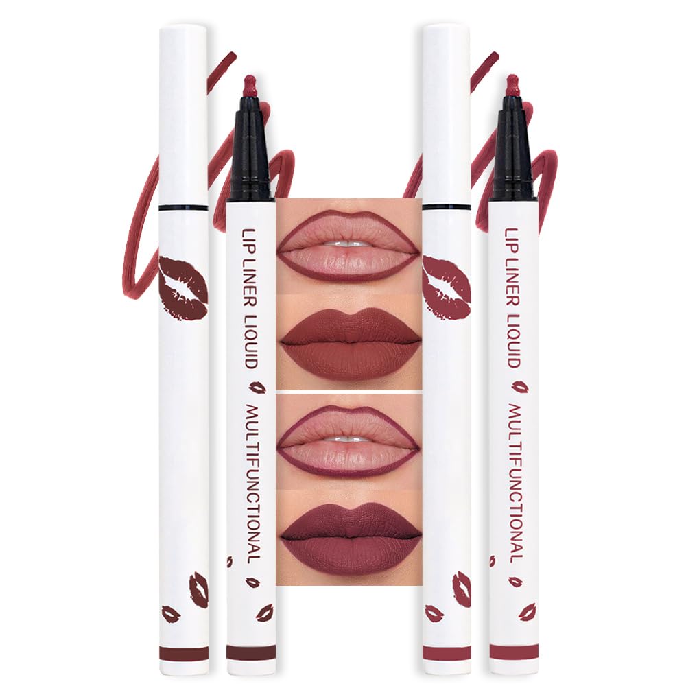 2Pcs Longwear Liquid Lip Liner Stain Marker Pen Set Long Lasting Waterproof, Black Cherry Wine Red Matte Permanent 24 Hour Lip Liner and Lipstick Combo, Color Stay Lipliner All Day Lips Stain peel off