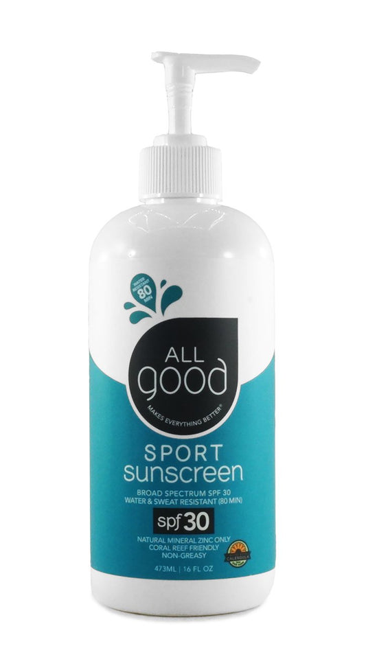 All Good Sport Mineral Sunscreen Lotion - Coral Reef Friendly, Water & Sweat Resistant, Face & Body, UVA/UVB Broad Spectrum SPF 30+ (16 oz Pump) | alldaygood beauty