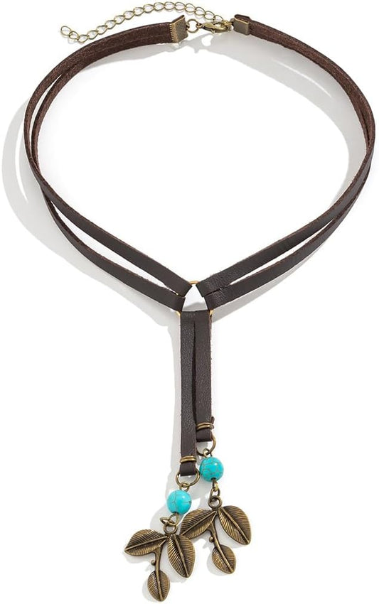 Y2K Necklace Puffy Turquoise Beaded Necklaces Pendant Boho Necklace Leather Choker Wrap Necklaces Jewelry for Women | alldaygood beauty