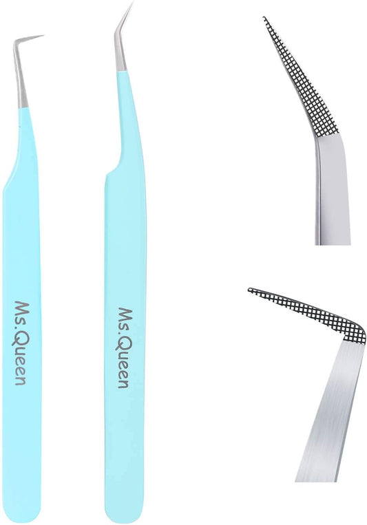 Ms.Queen Eyelash Tweezers for Extensions, 2Pcs Fiber Tip Grip 45 and 90 Degree Mega Volume Tweezers Set for Lash Extensions-Blue