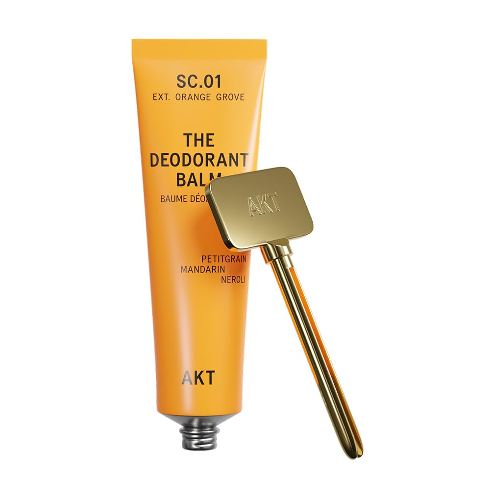 Akt, THE DEODORANT BALM. Award winning, multi-use, natural deodorant. Plastic Free. Gender Free. Aluminium Free. 100% effective — 1 tube lasts up to 3 months. SC.01 ORANGE GROVE. 50ml/1.76 FL.OZ