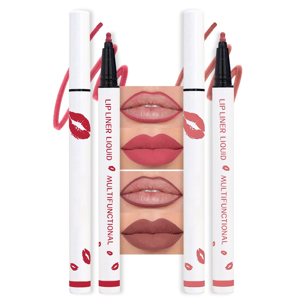 2Pcs Longwear Liquid Lip Liner Stain Marker Pen Set Long Lasting Waterproof, Pink Red Maroon Dusty Mauve Matte 24 Hour Lip Liner and Lipstick Combo, Color Stay Lipliner All Day, Lips Stain peel off