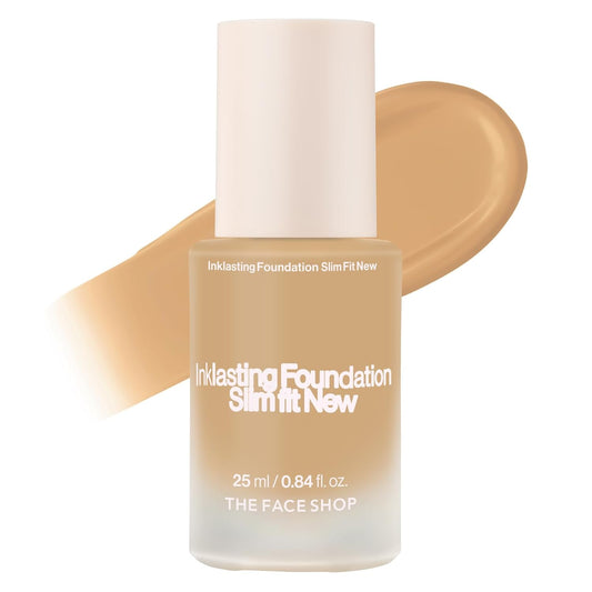 THE FACE SHOP Ink Lasting Liquid Foundation, Full Coverage, 72‑Hour Wear Semi‑Matte Finish, Makeup with Bakuchiol, W210 Warm Sand, 0.84 Fl. Oz. | alldaygood beauty