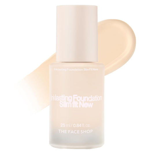 THE FACE SHOP Ink Lasting Liquid Foundation, Full Coverage, 72‑Hour Wear Semi‑Matte Finish, Makeup with Bakuchiol, N010 Ivory, 0.84 Fl. Oz. | alldaygood beauty