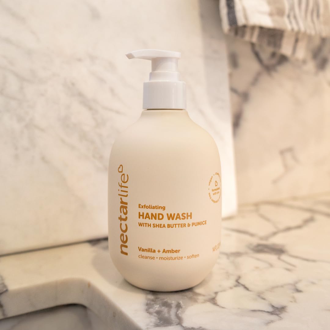 Nectar Life Exfoliating & Moisturizing Hand Wash, Volcanic Pumice for Hand Scrub, Shea Butter Softens Hands, Clean Vegan Ingredients, Vanilla Scent