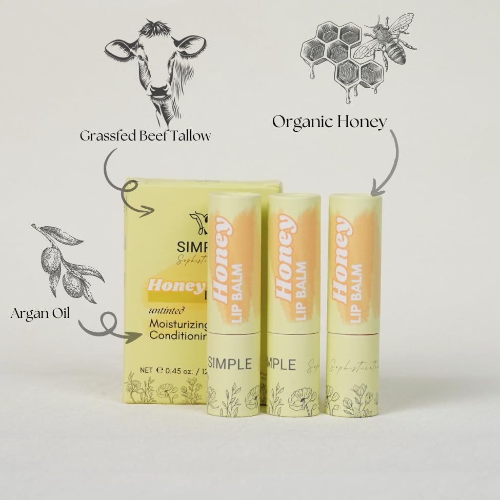 Natural Honey Lip Balm - 100%-grassfed Beef Tallow Chapstick, Organic Raw Honey & Argan Oil - Ultra Moisturizing, Conditioning, No Paraffin, Non Toxic, all Natural - 3 Pack (3x0.15 oz) Untinted