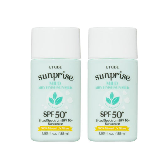 ETUDE Sunprise Mild Airy Finish Sun Milk Duo Set (55ml*2) SPF50+ / PA++++ | Sebum-free, Non-Sticky, Long Lasting Protection, 100% Mineral Based Korean Sunscreen, Korean Skin Care, Pefect for Gift | alldaygood beauty