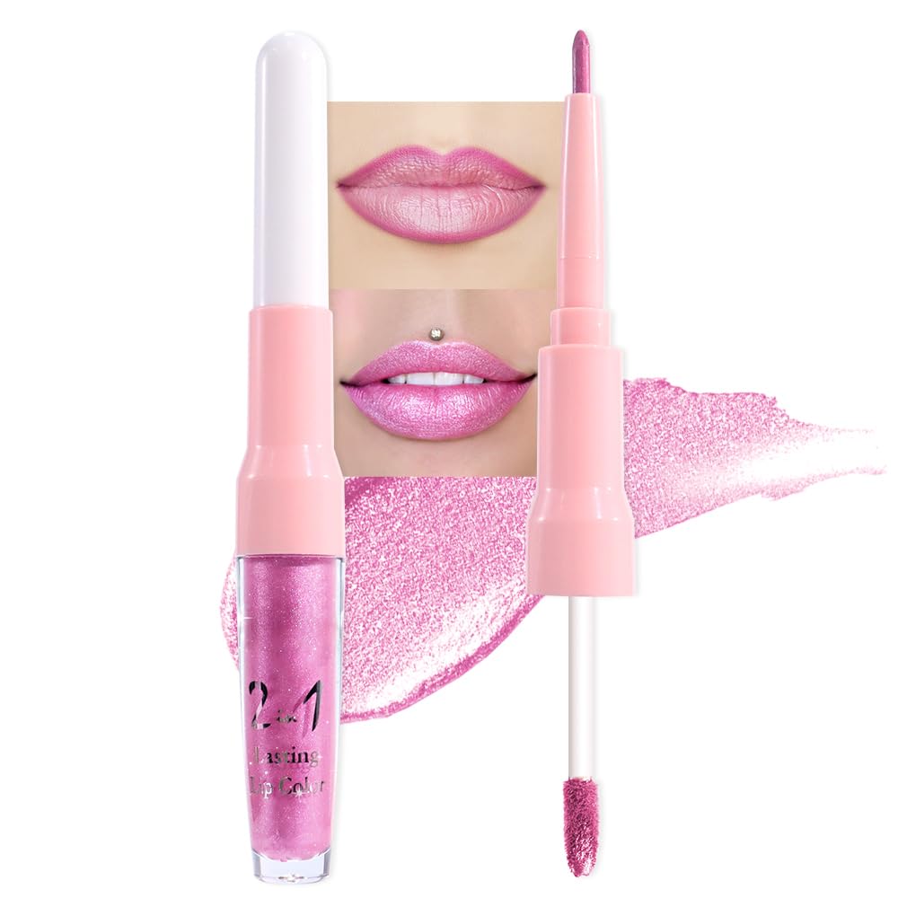 evpct Pink Metallic Glitter Lip Liner and Lipstick Combo Lip Gloss Stain Set Makeup for Women Long Lasting Waterproof 24, Rose Pink Metallic Shimmer Frosted Iridescent Glossy Liquid Lipstick 21