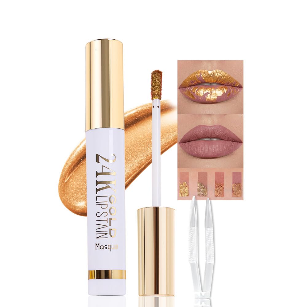 2025 New 24K Gold Liquid Lip Gloss Peel Off Lip Stain Tattoo with Tweezer, Mauve Lips Stain Peel Off Masque, Long Lasting Waterproof Lip Tint Stain, Transfer-proof for All Skin Types 04#