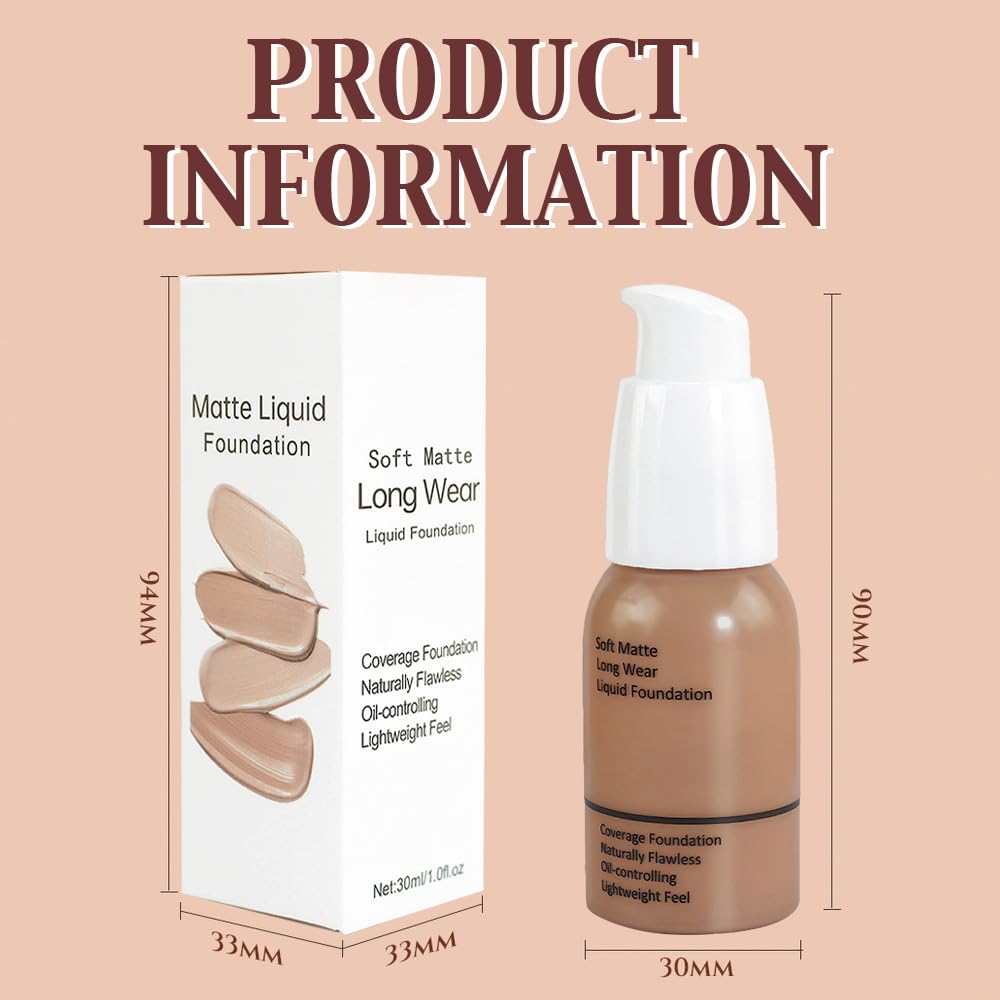 Matte Liquid Full Coverage Foundation, Flawless Soft Matte 24HR Oil Control Full Coverage Foundation Makeup for Women, Long-Lasting Waterproof Full Coverage, 05#Tan(05, Pack of 1)