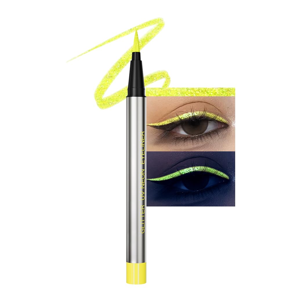evpct Yellow Shimmer Eyeliner UV Neon Gel Eyeliner Pencil Makeup, Rainbow Halloween Colored Colorful Gel Eye Liner Pen Glow in Dark Makeup, Long Lasting Waterproof Eyeliners for Face Body Painting