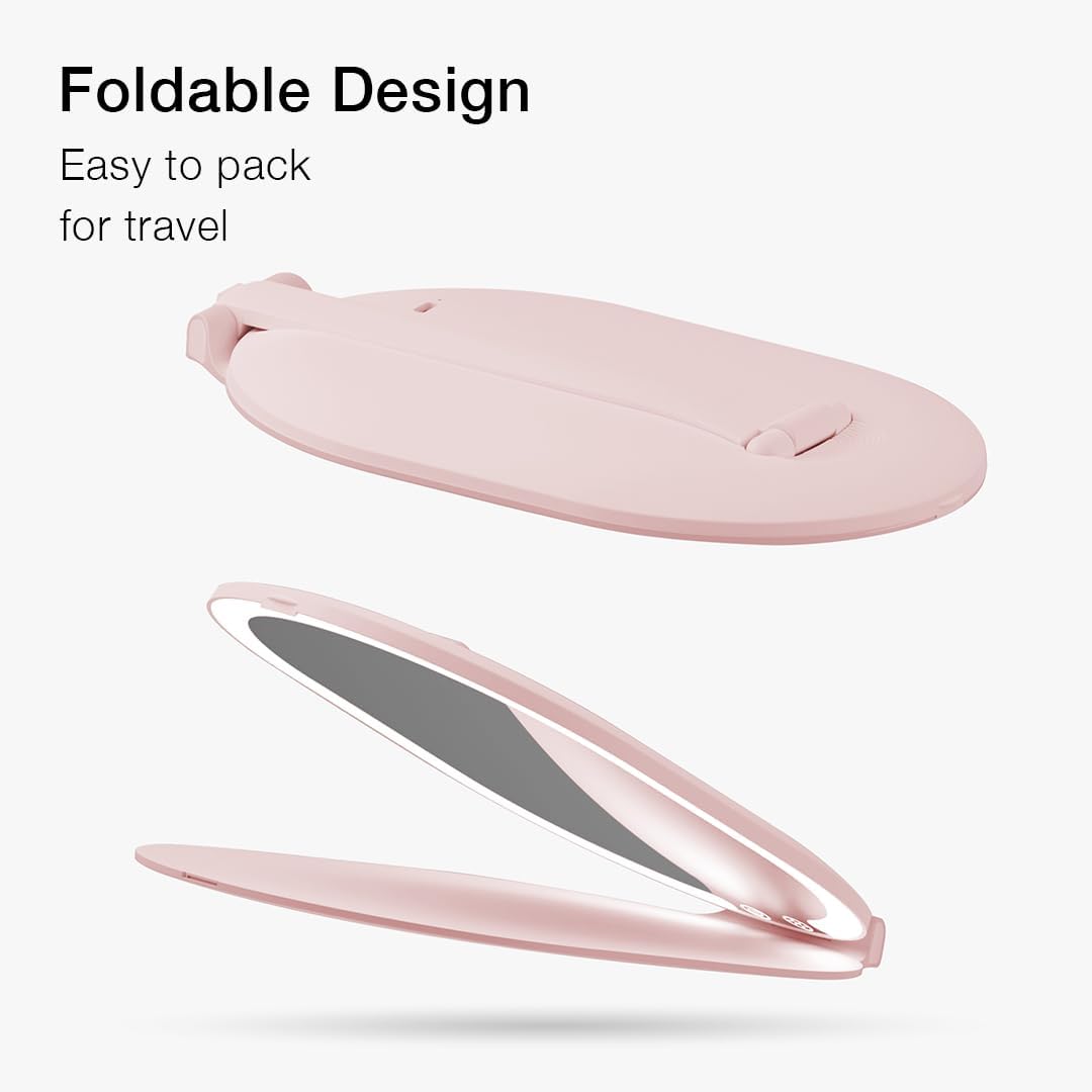 Fancii LED Rechargeable Portable Makeup Mirror with 3 Color Light Settings & 10x Magnetic Magnifying Mirror – Ultra Slim, Foldable Travel Vanity Mirror, 1500 mAh Battery, Height (Pink)