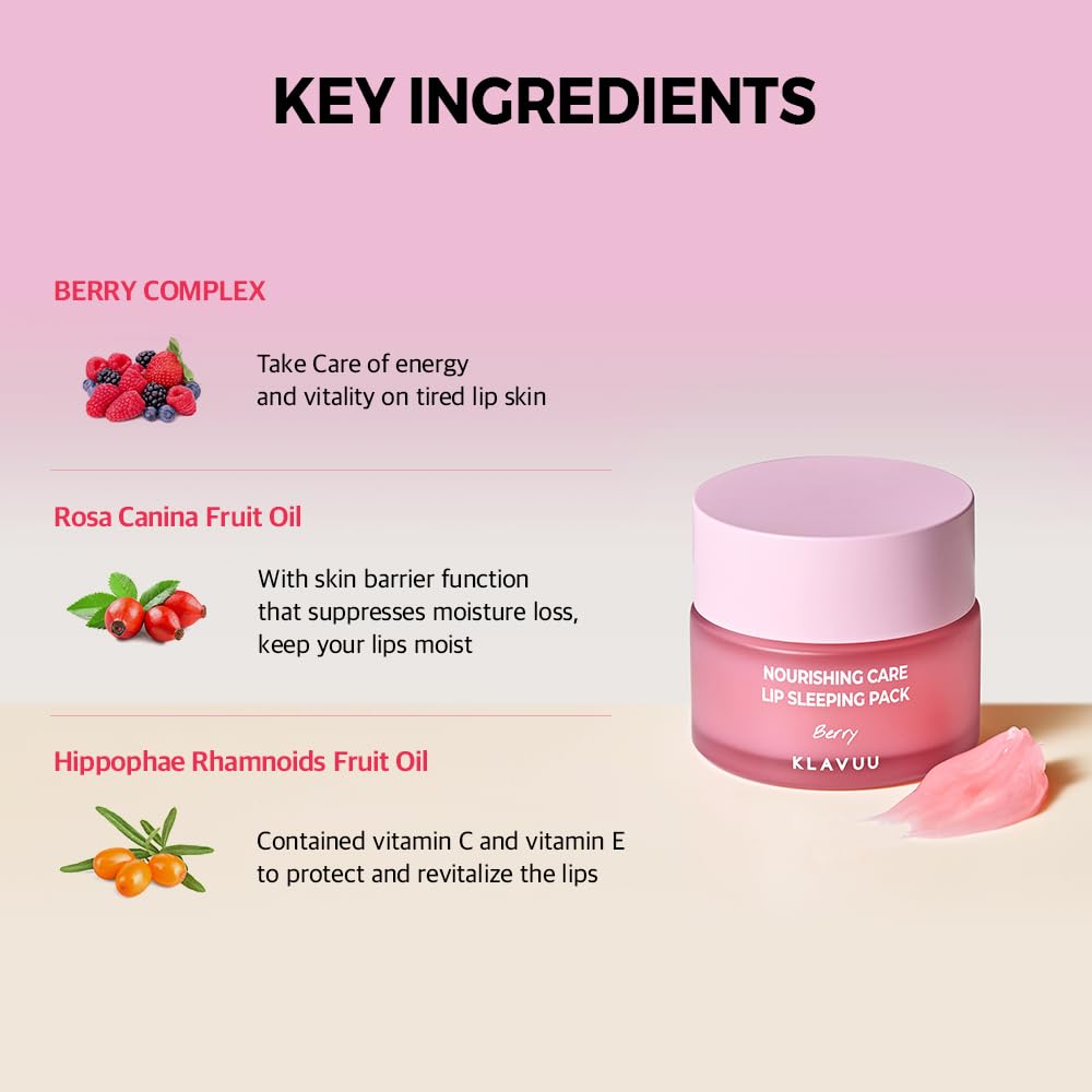 Klavuu Lip Mask Sleeping Pack (0.7oz) – Overnight Deep Hydrating Korean Lip Balm Treatment for Very Dry, Chapped Lips | Lip Lightening & Plumping with Instant Hydration | Gentle Exfoliating (Berry)
