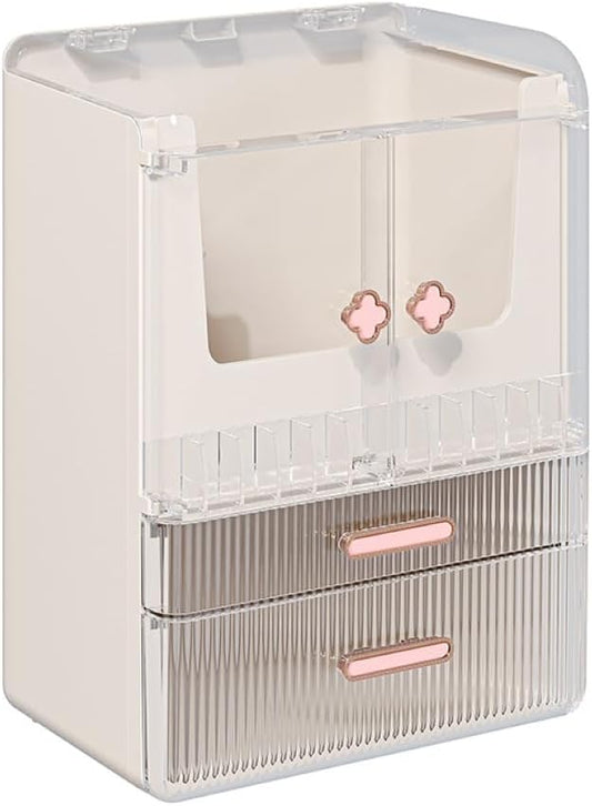 Acrylic Makeup Organizer with Drawers – 38.5CM Large Capacity Cosmetic Storage Box, Dustproof & Waterproof Vanity Organizer for Skincare, Jewelry, Lipsticks & Beauty Products (White)