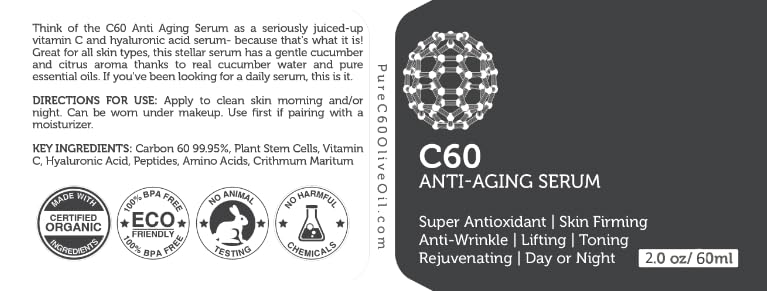 C60 Anti-Aging Face Serum 60ml with Hyaluronic Acid, Plant Stem Cells, Peptides, Vitamins B + C & Anti Aging Wrinkle Complexes for Men & Women Made with Organic Ingredients