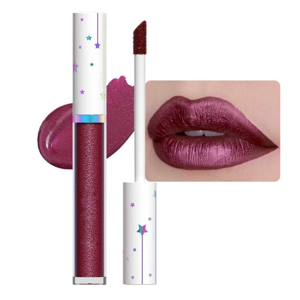 evpct 1Pcs Dark Wine Red Metallic Shimmer Glitter Lip Gloss Liquid Lipstick Long Lasting Waterproof 24, Glitter Pearlescent Metallic Sparkly Liquid Lipsticks Lip Stains Makeup Set for Women 02