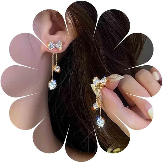 Vintage Crystal Bow Chain Drop Earrings Long Rhinestone Chain Earrings Cz Chain Tassel Earrings Gold Bowknot Stud Earrings Jewelry for Women