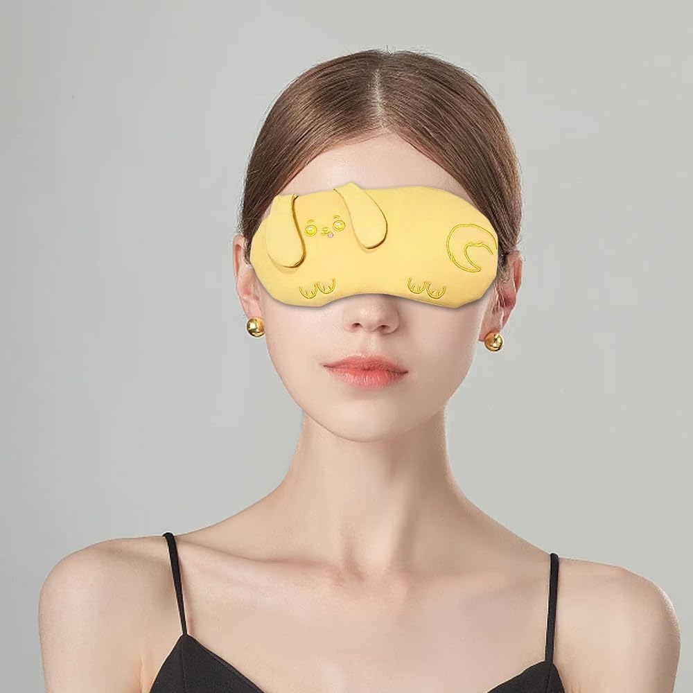 PERFECTSIGHT Eye Mask, Cute Plush Lightweight Adjustable Eyeshade, Faux Fur Cover for Women Men Sleep Travel Nap, Yellow Puppy