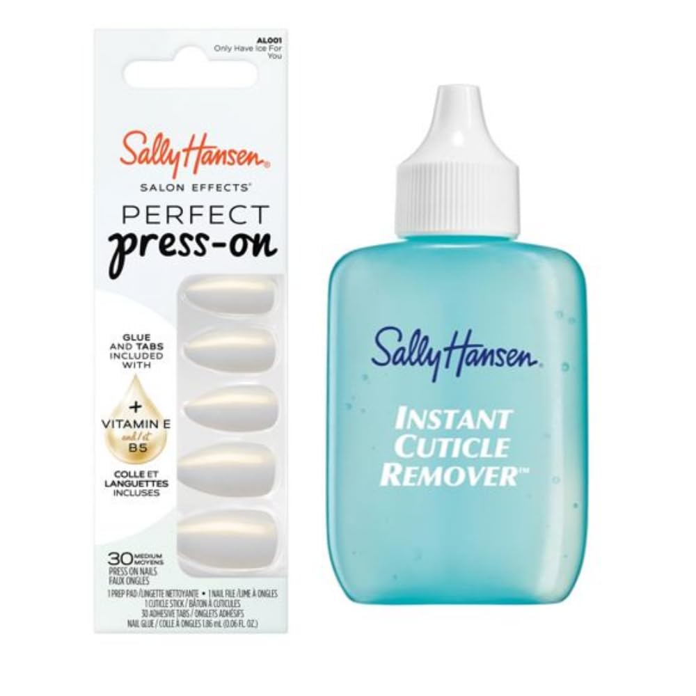 Sally Hansen Instant Cuticle Remover and Only Have Ice For You Press On Nails Kit - 15 Second Gel Formula with Aloe and Chamomile plus 30 Salon Finish Designs with Nail Glue