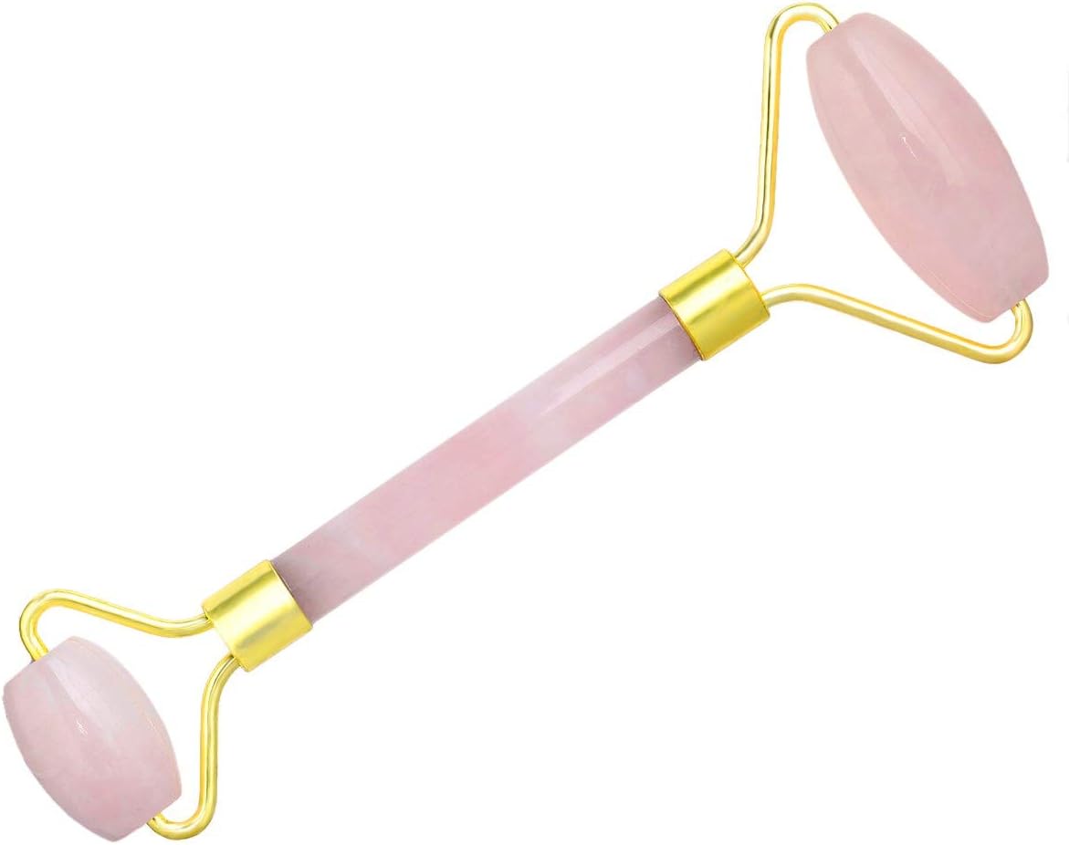 Rockcloud Natural Crystal Stone Roller Massager Double Neck Face & Neck Massage Therapy Anti-Aging Wrinkle Healing Slimming Skincare Tool,Rose Quartz