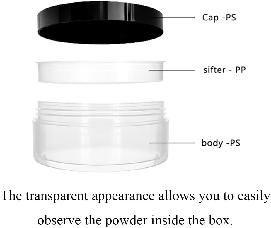 HAHIYO 4pcs 10ml/0.34oz Plastic Empty Travel Compact Case Makeup Cosmetic Jar Refillable Powder Box No Leak Holder with Common Sifter and Black Screw Lid