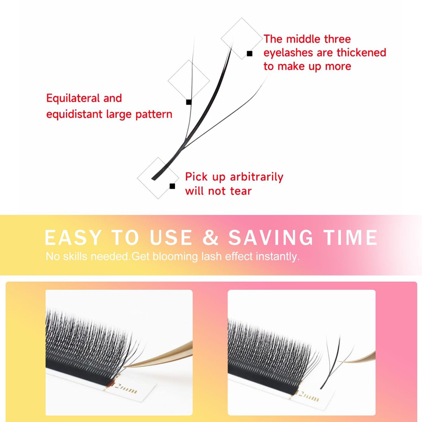 Lash Extensions Three Core Tips 3D Eyelash Extensions W Shape 0.07mm Thickness C Curl 10mm Premade Fans Easy Fan Volume Lashes Matte Black Crisscross(W-3D-Three Core-0.07-C,10mm)