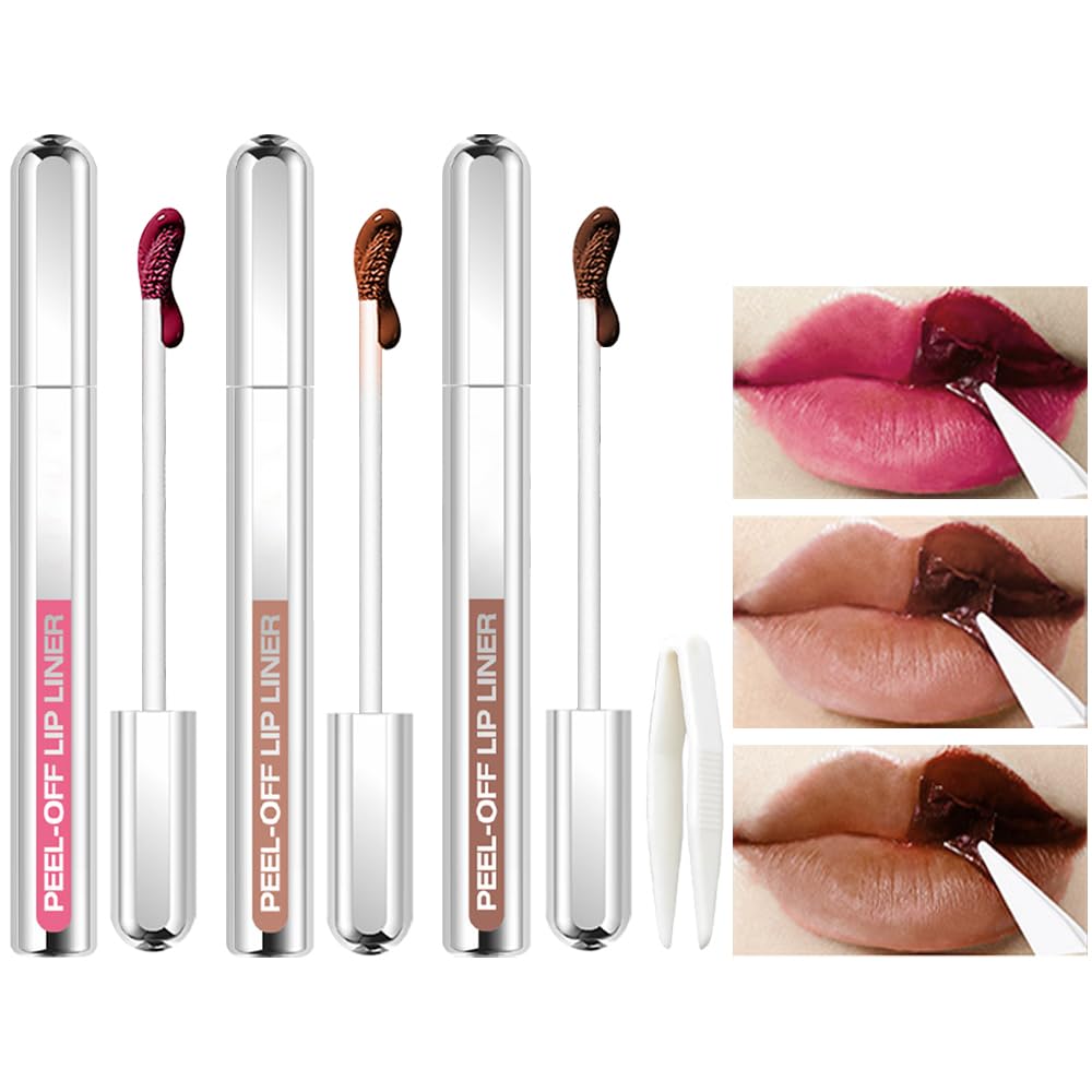 3 Colors Peel Off Lip Liner Stain Kit, Long Wear Matte Lip Tint Stain Set with Tweezer for Women, Waterproof Transfer Proof Highly Pigmented Peel Off Liquid Lipstick for All Skin Types (#1,2,3)