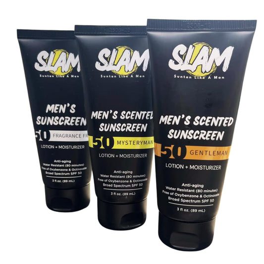 SLAM Men's Sunscreen Lotion SPF 50 & Moisturizer – Face & Body Sunblock, Anti-Aging, Water-Resistant, Hawaii Act 104 Safe, Skincare for Men, Scented & Unscented – 3 fl oz. each- Trio pack. | alldaygood beauty