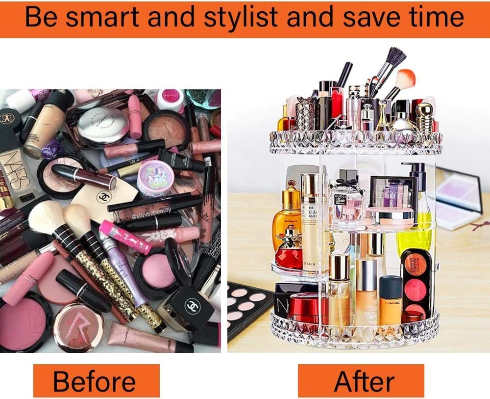 ZHIAI 360 Rotating Makeup Organizer, Large Capacity Cosmetics Organizer for Perfume Holder Organizer Countertop, DIY Adjustable Bathroom Makeup Carousel Holder Rack, Clear Diamond