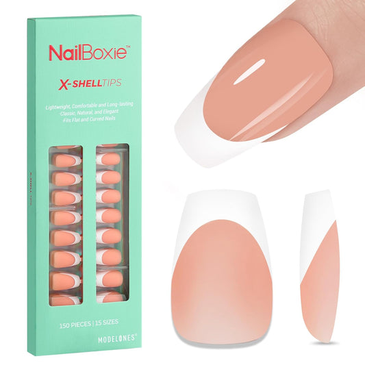 modelones French Tip Press on Nails, 150Pcs Short Coffin Fake Nails with Nail Box, Deep Nude Gel Nail Tips for Women, Soft Glue-On Nails for Natural Salon Look, DIY Nail Art Kit (15 Sizes) | alldaygood beauty