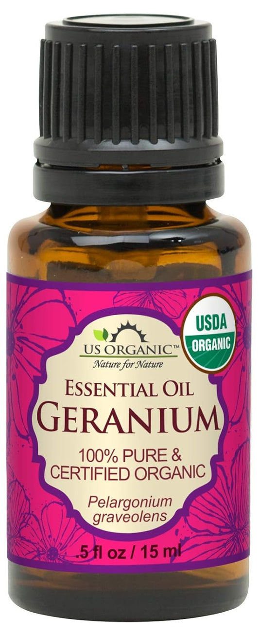 US Organic 100% Pure Geranium Essential Oil - USDA Certified Organic, Steam Distilled - W/Euro droppers (More Size Variations Available) (15 ml / .5 fl oz) | alldaygood beauty