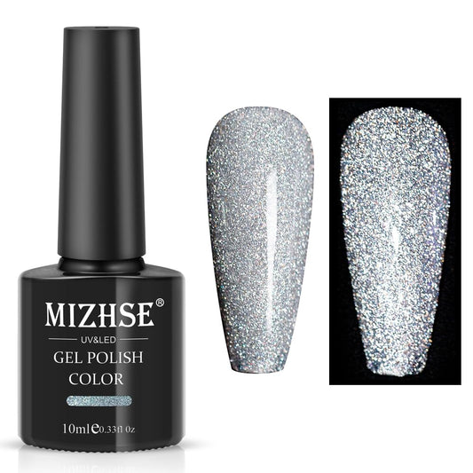 MIZHSE Reflective Glitter Gel Nail Polish, Silver Nail Gel Sparkly Shiny Gel Polish, Soak Off Nail Art Salon Varnish for Beginners Manicure DIY at Home | alldaygood beauty