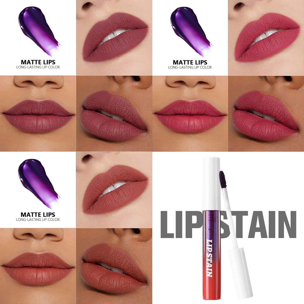 evpct 3Pcs Maroon Mauve Red Nude Brown Peel Off Lip Stain Tints, Matte Liquid Lipstick Lip Stain Long Lasting Waterproof for Women, Longwear Lipstick Peel Off Highly Pigmented Smudge-proof Easy Apply