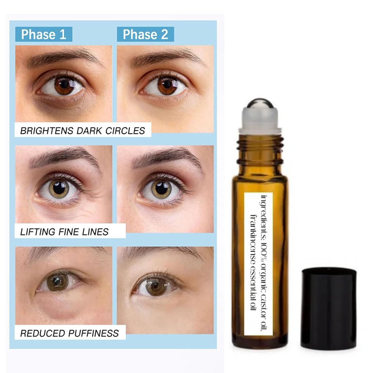 Time Eraser Oil, 2PCS Time Eraser Roller Ball Castor Oil, Time Eraser for Puffy Eye Bags Fine Lines Dark Circles Wrinkles with 360° Eye Roller Massage Ball