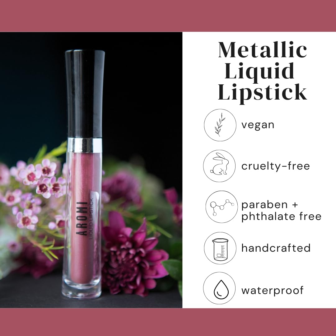 Aromi Metallic Liquid Lipstick | Chestnut Rose Lip Color with Shimmery Finish, Long-lasting + Long Wear, Smudge Proof, Waterproof, Vegan, Cruelty-free (Burgundy Quartz)