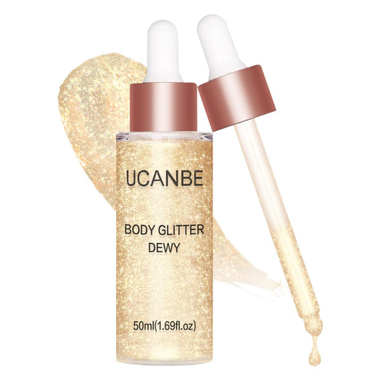 UCANBE Hydrating Body Shimmer Face Glitter Highlighter Makeup Liquid Glow Lotion for Women Holographic Luminizer for Hair for Valentine's Day Gifts (Champagne Gold - 01) | alldaygood beauty