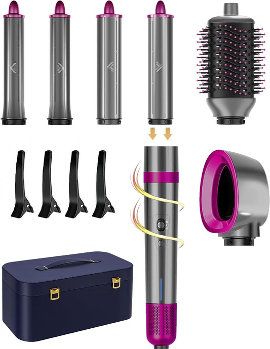 T-GOGO Hair Dryer Brush Professional: 6 in 1 Hot Air Hair Styler & Dryer Set, Powerful Hair Air Curling Iron High-Speed Negative Ionic Blow Dryer, Auto-Wrap, No Heat Damage (Red)