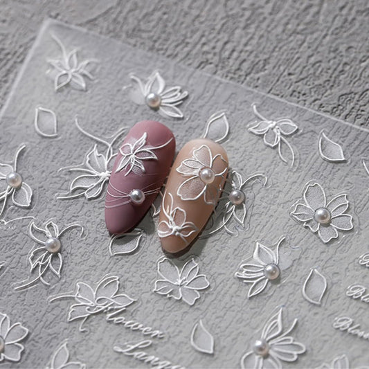 Flower Nail Art Stickers Sparkly White Floral Nail Stickers 5D Embossed Light Style Nail Decals Accessories Pearl Adhesive Slider Nail Art Supplies for Women DIY Decorations | alldaygood beauty