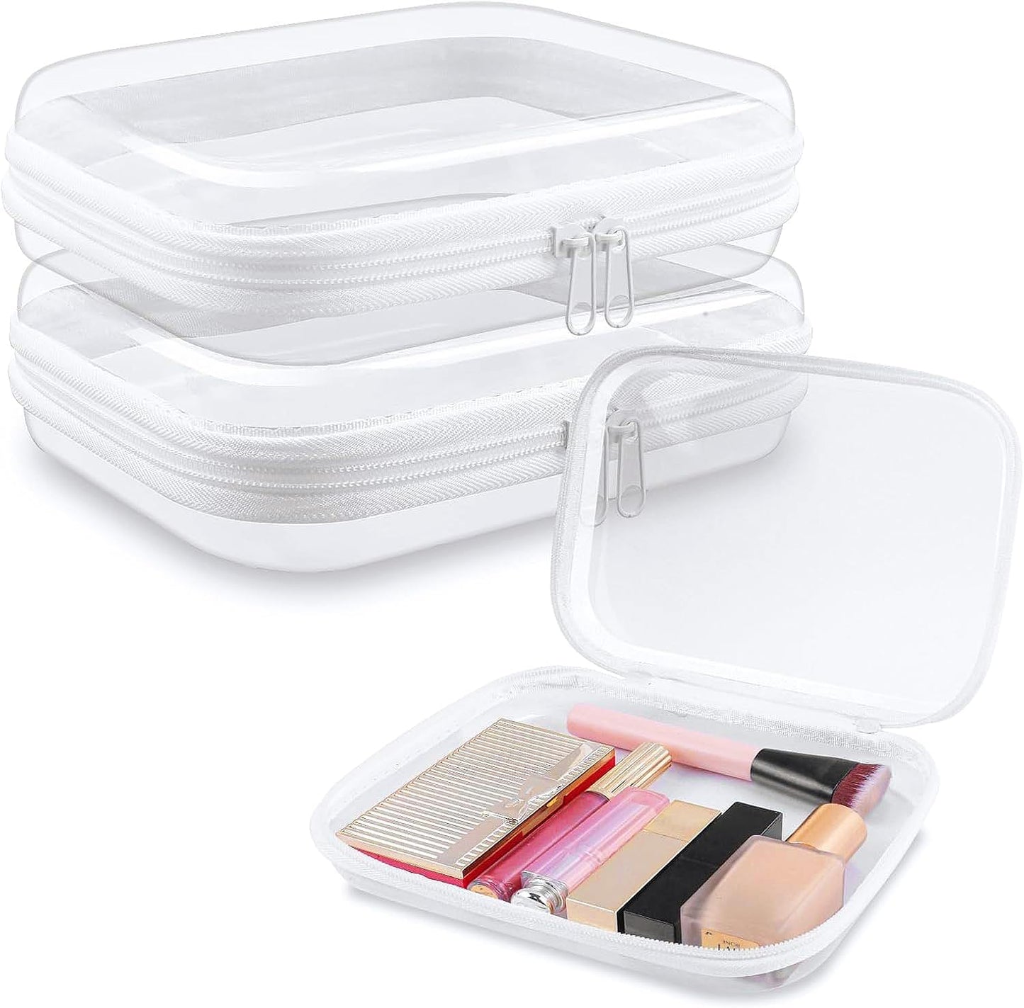 Clear Hard Shell Zipper Case 3 PCS Clear Cosmetic Make up Bag Waterproof Travel Toiletry Bag for Women, Hard Plastic Zipper Pouches Portable Travel Storage Organizer Bins (White, 8"x4"x2")