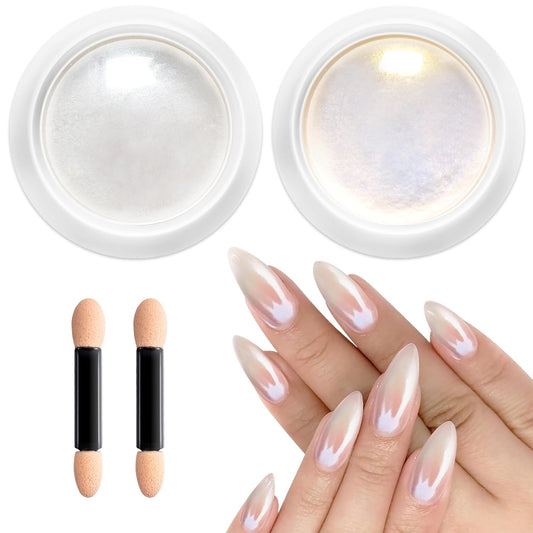 Pearl White Chrome Nail Powder: 2Pcs Iridescent Aurora Mermaid Chrome Powder Pearl Dust Kit for Gel Polish Nail Art Decoration